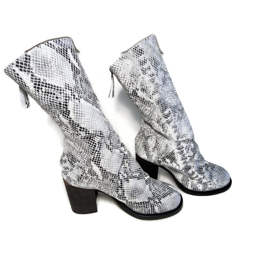 Free People Elle Stacked Block Heel Boot Slouchy Snake Print Boho Leather